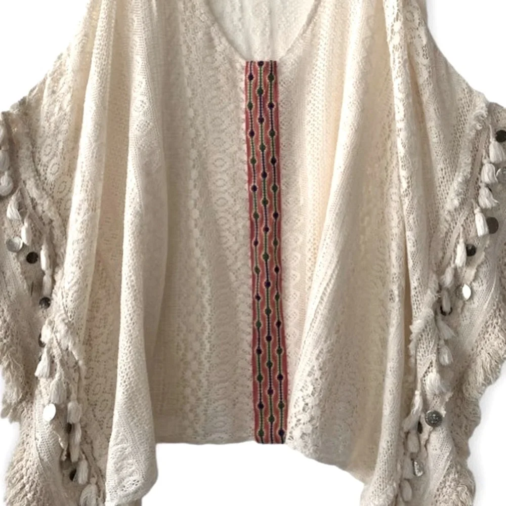 Avani Del Amour pullover Boho 100% Cotton crochet hippie Fringe poncho Size S/M - Picture 12 of 15